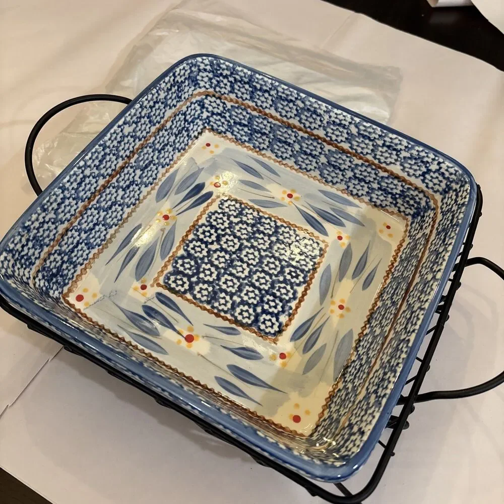 Temp-tations By Tara Old World Blue 2.5 Qt Baking Dish With Rack, Lid And Trivet